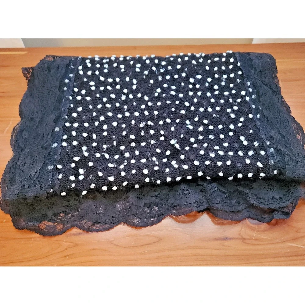 Black & White Lightweight Boucle Scarf with Lace Trim Size 78